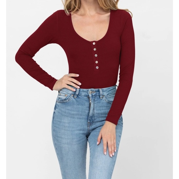 Elodie Long Sleeve Women’s Sexy Scoop Neck Button Down Ribbed Bodysuit Size S - Picture 1 of 13